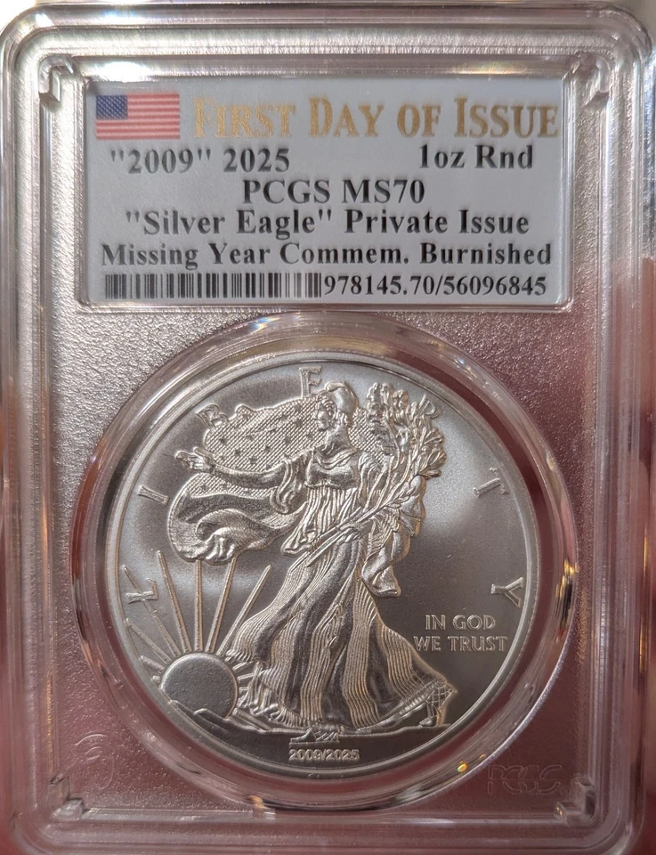 "2009" 2025 PCGS MS70 Burnished Silver Eagle Missing Year Commemorative 1 oz - Image 3 of 4