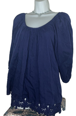 Love Sam Blouse Peasant Size Large Embroidered Trim Blue