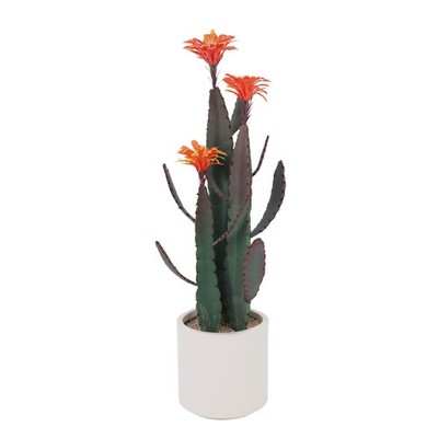 Artificial Cactus in Pot with Stone and Red Flower, Decorative Desert Cacti