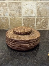 Round Wicker Rattan Covered Basket Bowl Boho Coastal Primitive Decor Storage