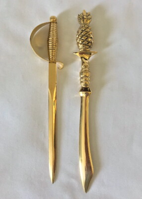 PAIR OF POLISHED BRASS LETTER OPENERS: PINEAPPLE & CUTLASS SWORD Desk Accessory