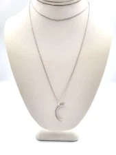 Henri Bendel Crystal Crescent Moon Pendant Necklace Silver Tone Minimalist