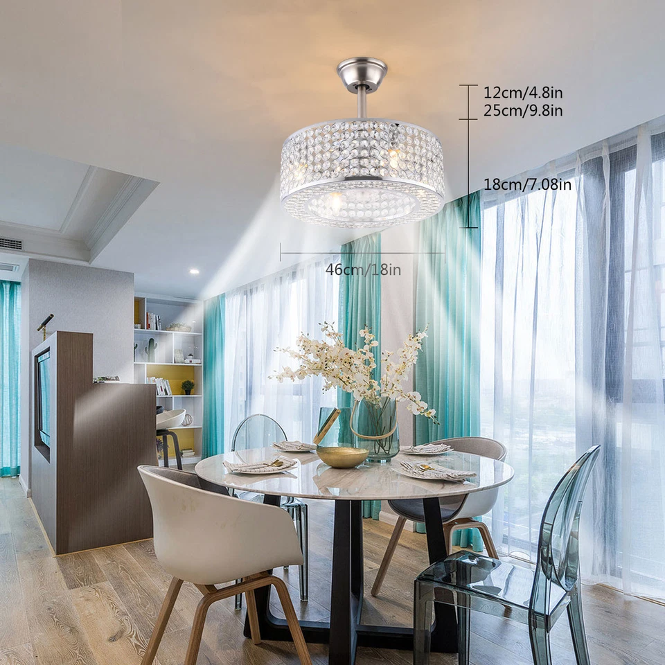 18"Ceiling Fan Lamp Flush Mount Crystal LED Caged Chandelier Bladeless w/ Remote - Image 4 of 4