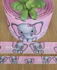 7/8, 1.5  3" 1 YD Elephant Grosgrain Ribbon Pink Polka Dot Baby Shower Ribbon