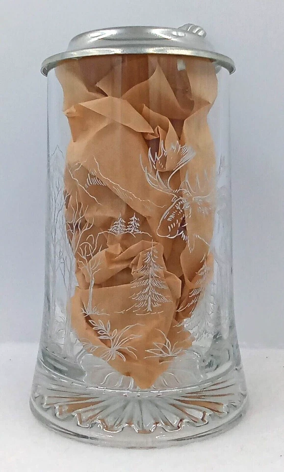 Vintage Domex Beer Stein Mug Etched Clear Glass Zinc Flip Top Bear Moose Trees - Image 3 of 4