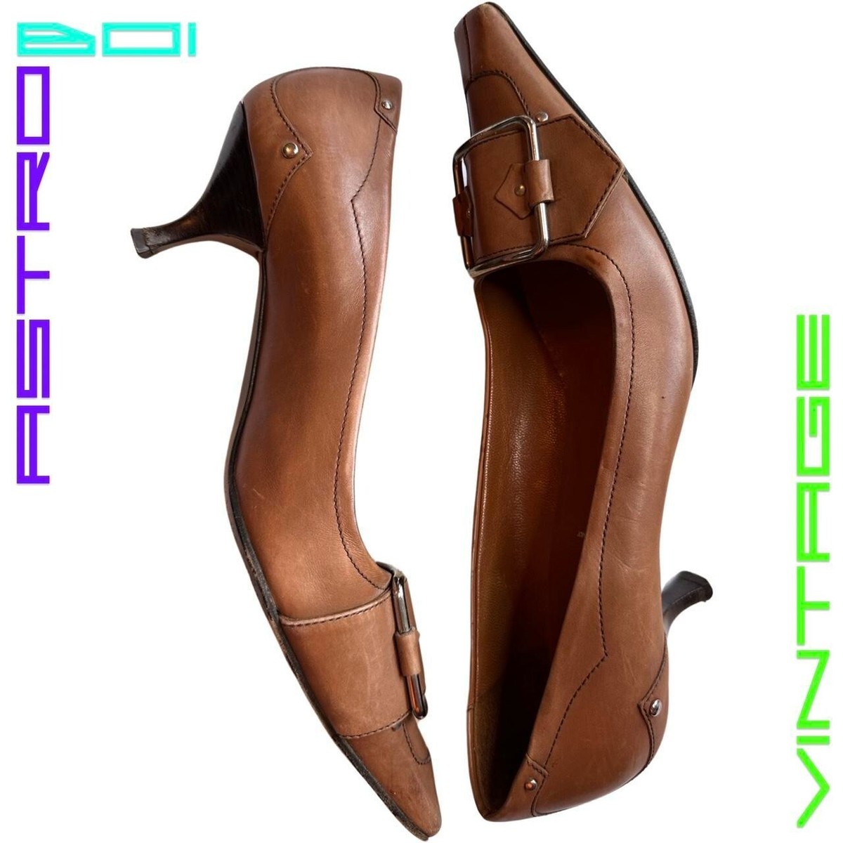 VINTAGE PRADA BROWN SQUARE BUCKLE BROWN LEATHER HEELS size VINTAGE PRADA BROWN SQUARE BUCKLE BROWN LEATHER HEELS size