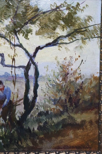 Belgischer Maler um 1930 unleserlich signiert Mann mit Schubkarre an einem Fluss - Bild 5 von 9