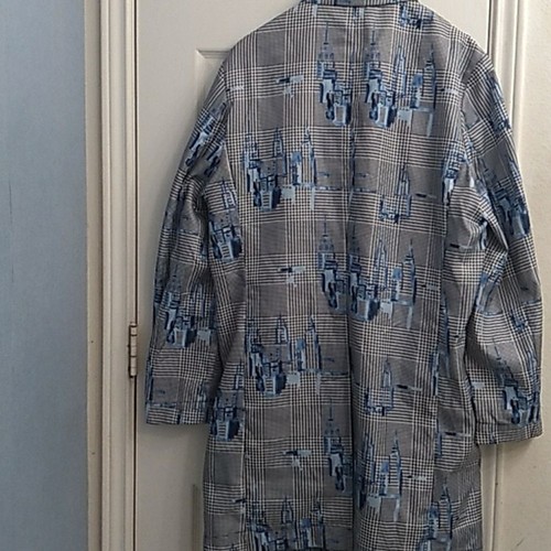 Unique Plaid Coat with Blue Abstract Pattern Long Sleeve Button-Up Outerwear - Picture 3 of 4