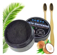 100% Organic Coconut Charcoal Natural Teeth Whitening Powder w/ 2 Bamboo Brushes
