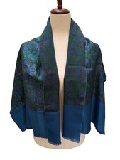 Vtg Scarf French Woven Wool  Silk Royal Blue Brocade Paisley Fringe 22x50 PARIS