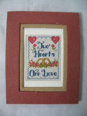 Finished Cross Stitch Two Hearts One Love, Double Joined Rings, 7''x5-1/2''