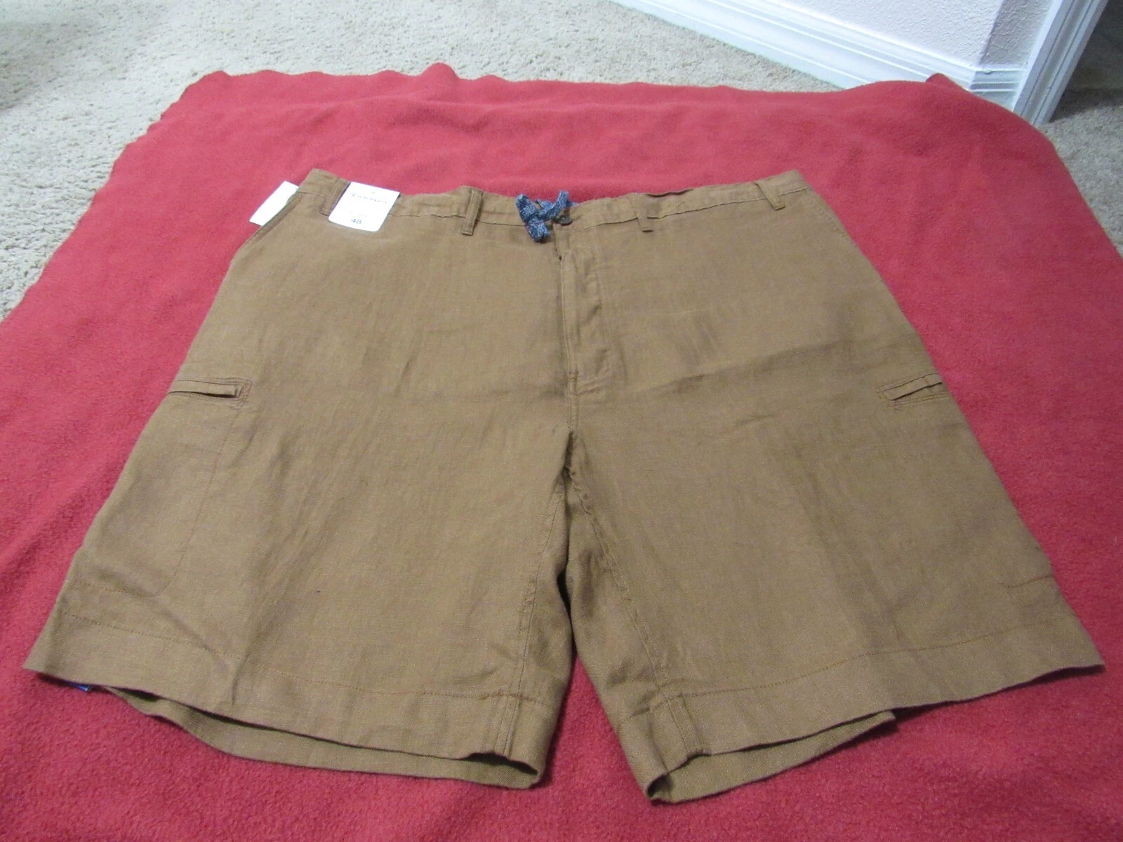 CARIBBEAN, MEN'S NEW BROWN LINEN BLEND CARGO DRAWSTRING SHORTS, SIZE 48