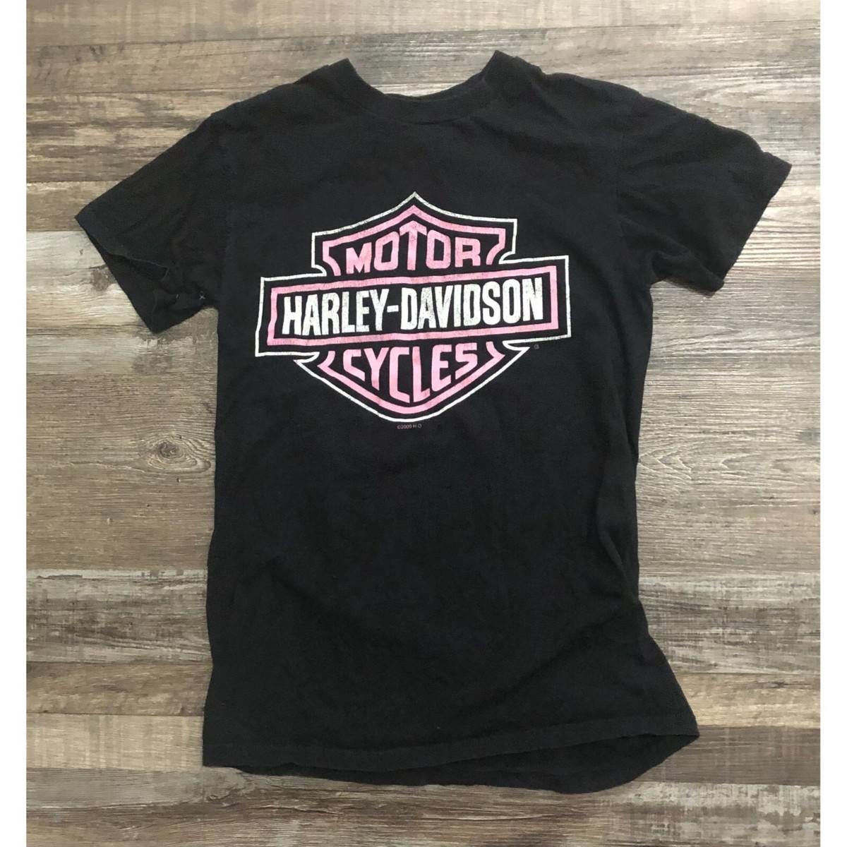 ★Harley Davidson★ Harley Retro Logo Short Sleeve T-Shirt W Harley Davidson Womens Small Black with Pink Logo Short