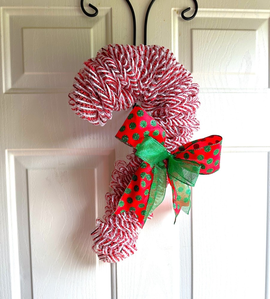 Festive Candy Cane Wreath with Dual Red Bows