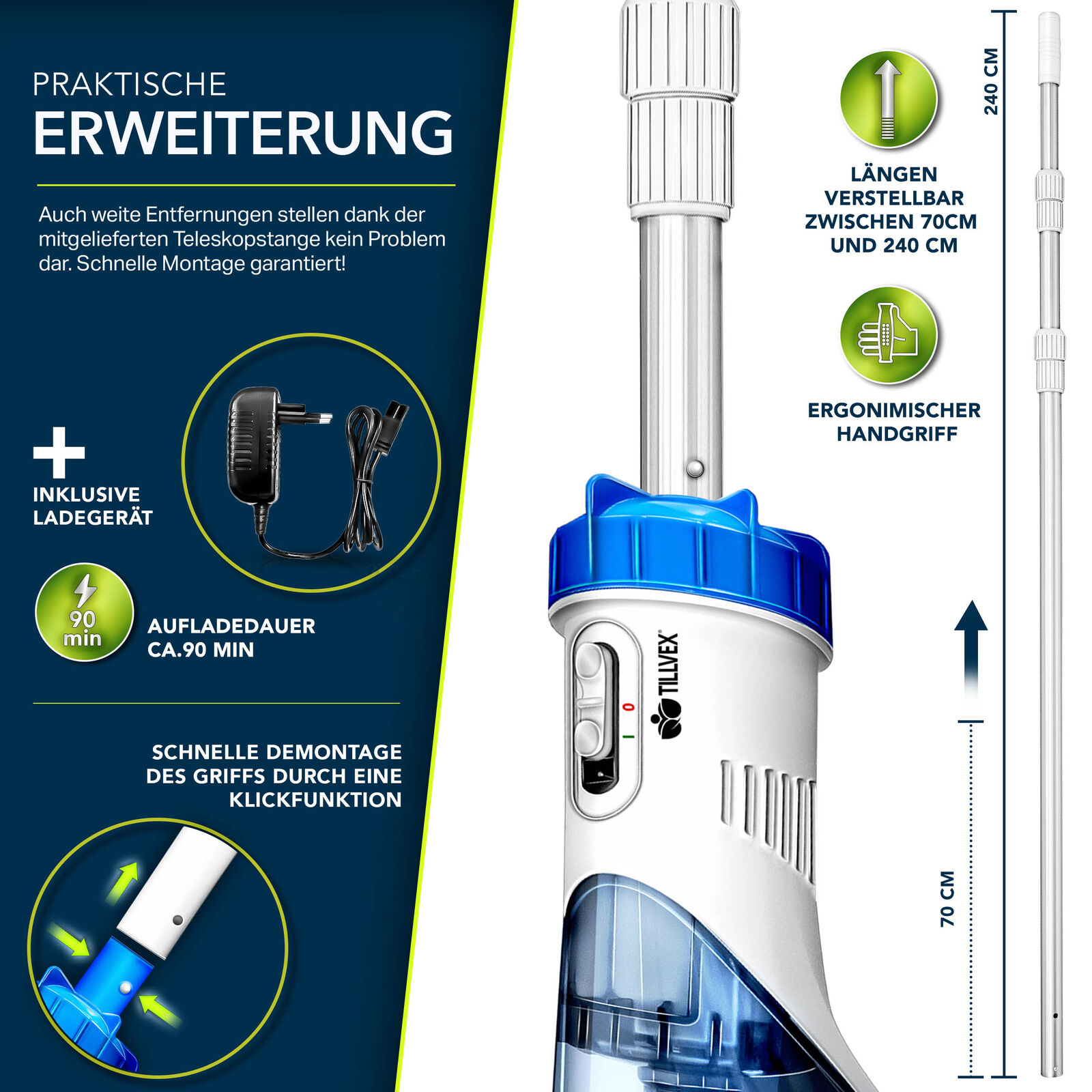 tillvex Poolsauger Handsauger Bodensauger Reinigungsset Akku Poolreiniger Vakuum
