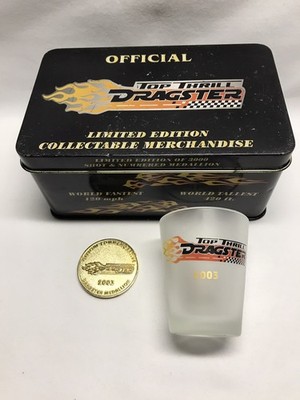 2003 Top Thrill Dragster Debut Coin + Shot Glass Cedar Point Amusement Park Ohio