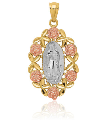 14K massives zweifarbiges Gold oval groß Unsere Liebe Frau von Guadalupe Medaille Anhänger Halskette