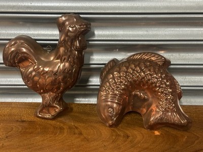 Vintage c1960 s Tejo Portugal Copper Rooster And Fish Jelly Molds 