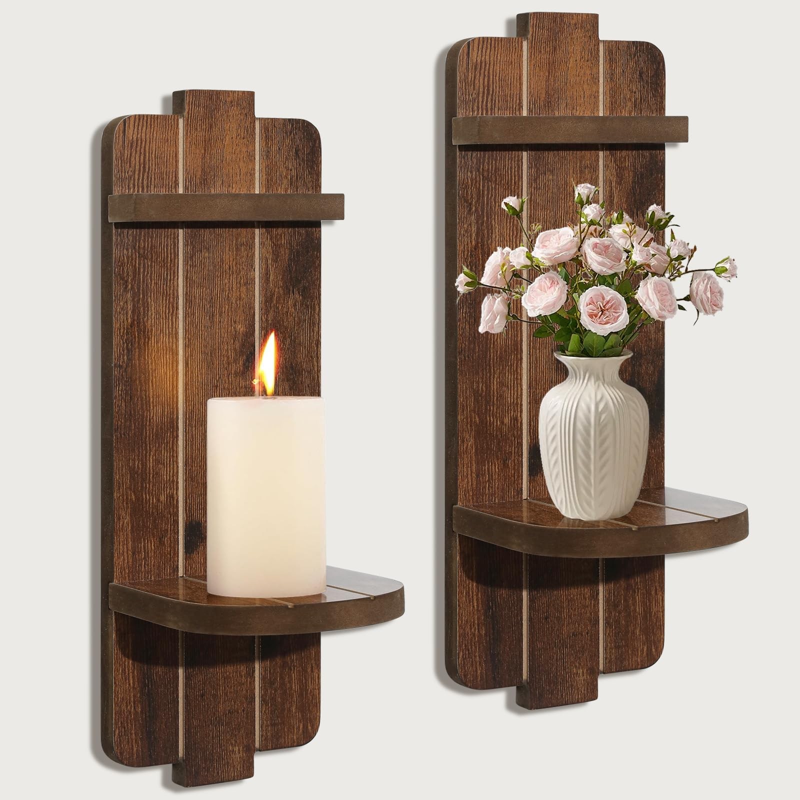 Set Of 2 &ndash; Vintage Brown Wooden Wall Sconces For Firepla..