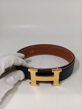HERMES Constance Reversible Belt H Gold Buckle Leather Black Brown Authentic