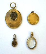 Lot of 4 Antique Lockets, Lyre Fob, 9K Repousse, Mourning/Hair, TISCO Chevron