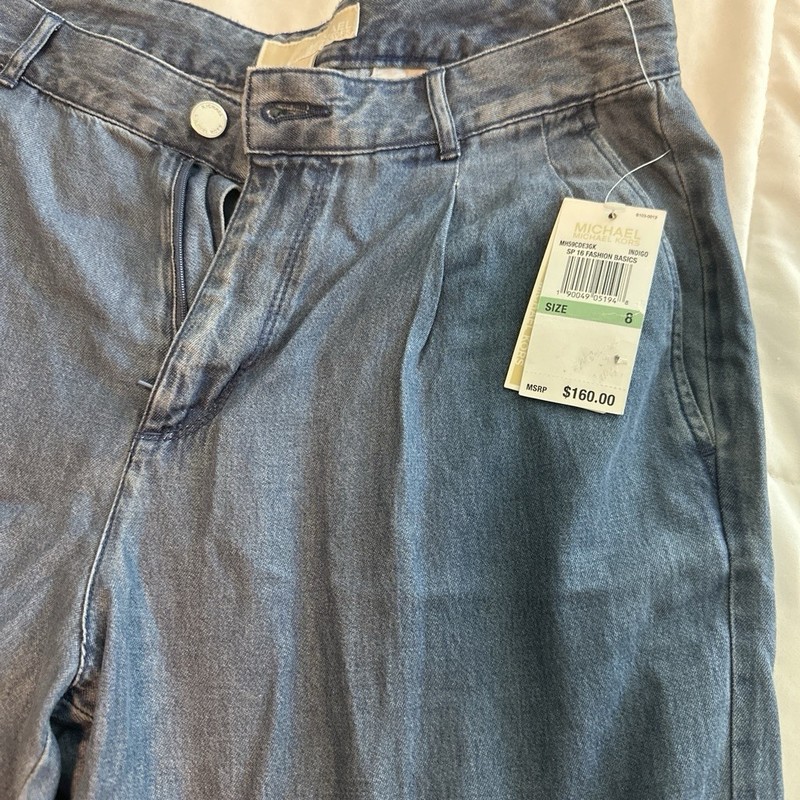 Michael Kors Women’s Blue Solid Denim Pleated Wide-Leg Pants Button Closure