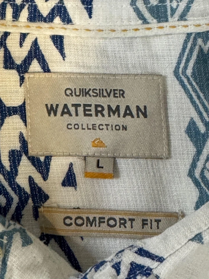 Camisa Quiksilver Waterman Para Hombre Grande Azul Blanco Manga Corta Azteca Ajuste Cómodo Foto 3 de 4