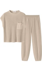 ANRABESS Knit 2 Pieces Lounge Crop Top Jumpsuit / Track Suit / Beige - NEW