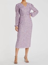 Mac Duggal Illusion Puff Sleeve V Neck Midi Dress Size 6