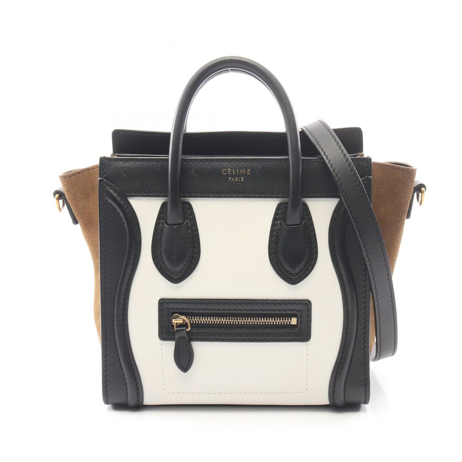 CELINE Luggage Nano Shopper Shoulder Crossbody Handbag leather Black White Used