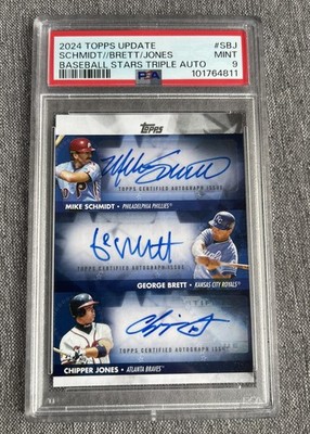 TOPPS 2024 update CHIPPER JONES/GEORGE BRETT/MIKE SCHMIDT AUTO 5/5 bookend PSA 9
