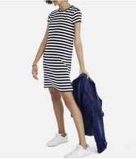 Madewell White and Navy Striped Velour Short Sleeve Tee Dress - Size - Medium