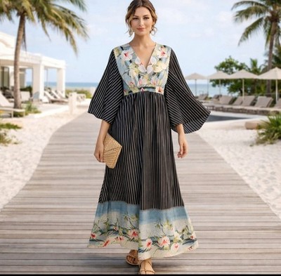 boho empire waist maxi dress RYRJJ Women's Summer Boho Maxi Dresses Casual V Neck Short Sleeve A-line  Empire Waist Long Flowy Beach Dress(Black,XL)
