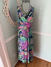 Lilly Pulitzer Sloane Maxi Dress Large All Aglow Blue Pink Sleeveless Resort