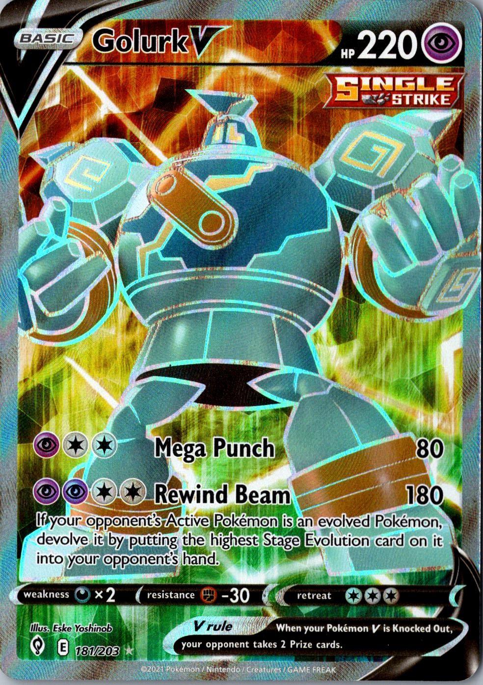 Golurk V Full Art Holo 181/203 Ultra Rare SWSH07: Evolving Skies LP Pokemon