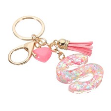Initial Letter Keychain, Letter S Heart Design Charm with Tassels, Pink