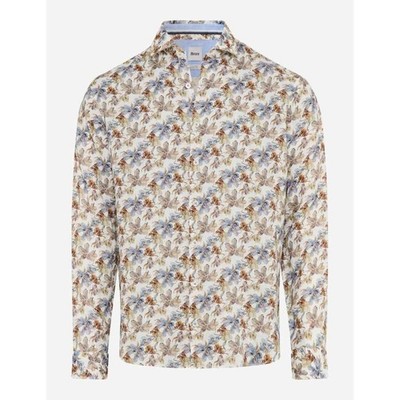 Brax Mens Linen Shirt Modern Fit Style Harold Blue Beige Floral 740015 74420400