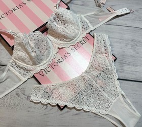 Victoria&rsquo;s Secret Eyelet Lace Unlined Bra Brazilian Panty Set White