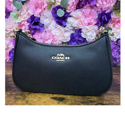 Coach Black Pebbled Logo Zip Crescent Shoulder Bag Small Detachable Strap Gold