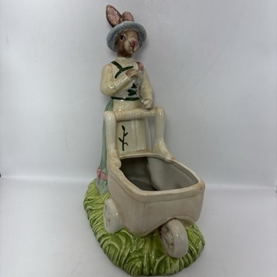 Vintage Cracker Barrel Rabbit Easter Bunny With Cart Planter Ceramic 9  READ