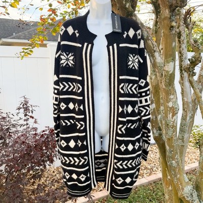 Heimish USA Black & Ivory Aztec Open Front Cardigan Sweater NWT M/L