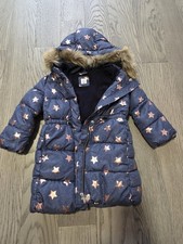 Baby Gap Navy Blue Faux Fur Metallic Stars Puffer Long Coat Size 4T