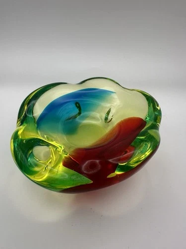Murano Uranium Glass Sommerso Abstract Red/green/Blue Bowl/Catchall