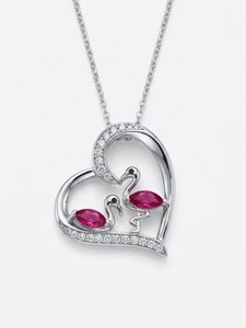 S925 Sterling Silver Pink CZ Flamingo Heart Pendant Necklace 18-20" 5g