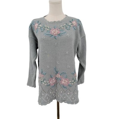 Carolyn Taylor Sz M Sweater Pastel Floral Embroidery 80s 90s Cottagecore Granny