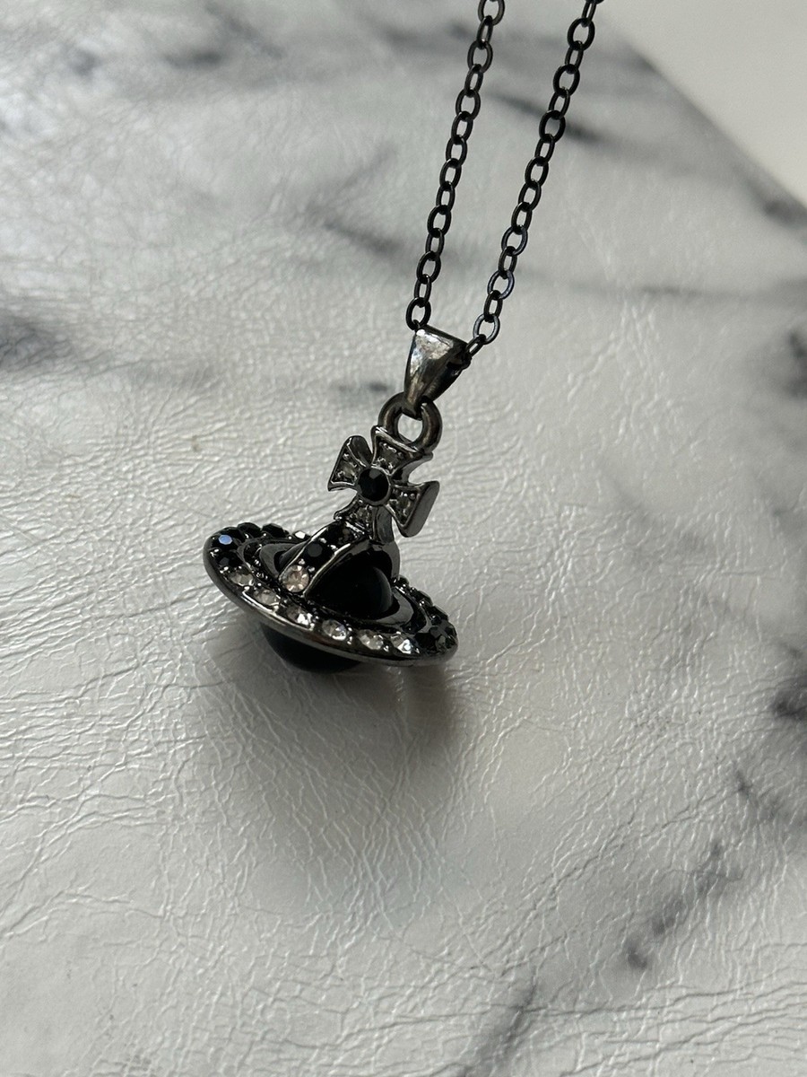 Vivienne Westwood Black Crystal Orb Pendant Necklace Silver Tone