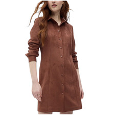 Gap Brown Faux Suede Mini Shirt Dress Large Petite Long Sleeve Western Vegan NWT