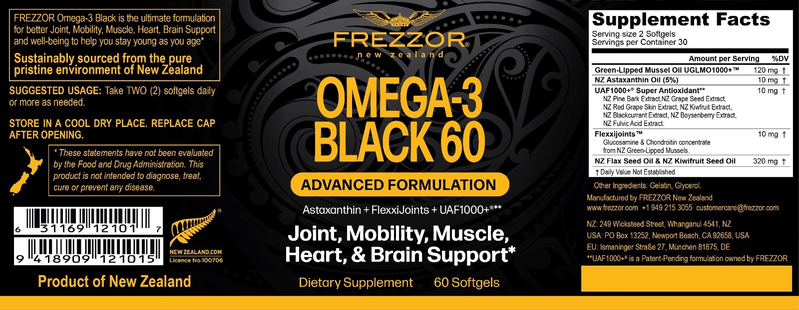 FREZZOR Omega-3 Black Green Lipped Mussel Oil Capsules - 1 Bottle, 60 Count