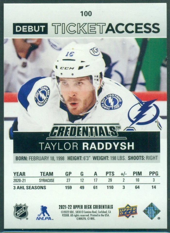 2021-22 Upper Deck CREDENTIALS Debut Ticket Access #100 TAYLOR RADDYSH RC /999 - Image 2 of 2