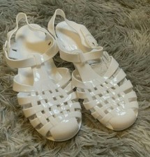 Ladies White Jelly Shoes Summer Sandals Beach Pool Flat Strap & Buckle Size 5
